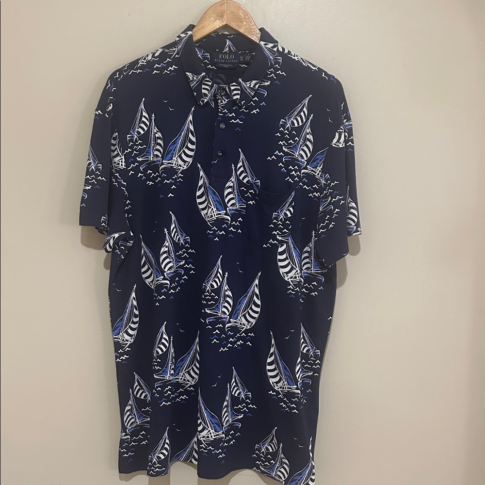Polo by Ralph Lauren Navy and White Sailboat Print Short Sleeve Button-Up